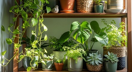 Lush Indoor Plant Display on Wooden Shelves with Sunlight