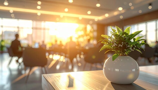 Green plant in a white pot on a table in a bright, modern cafe with blurred people and warm sunlight.