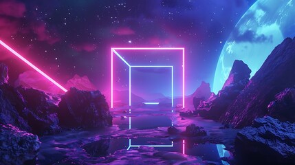A futuristic neon lit rocky landscape with a glowing pink and blue cube portal