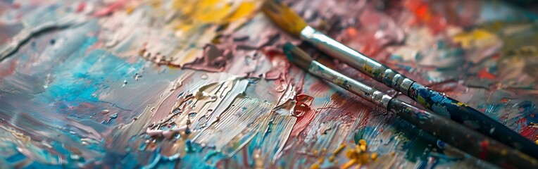 Fototapeta premium Paintbrushes with colorful paint on a palette colors