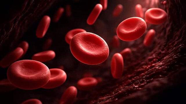 Detailed microscopic footage of red blood cells flowing through human capillaries. Biology, medicine, and healthcare concept.