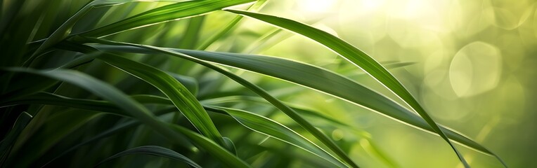 Closeup of vibrant green grass blades with sunlight