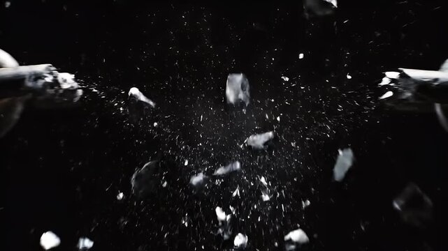 Dramatic slow motion footage of a chain breaking apart with explosive force, shattering into tiny fragments against a dark background.