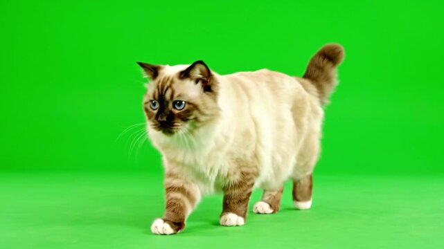 A beautiful Ragdoll cat with striking Siamese-like markings is gracefully walking towards the camera on a bright green screen background, chroma key