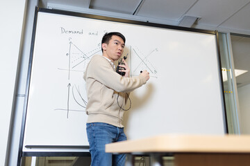 A Chinese economics tutor writes on a whiteboard while teaching demand and supply concepts. He holds a marker and microphone and looks back while explaining economic graphs in a classroom.