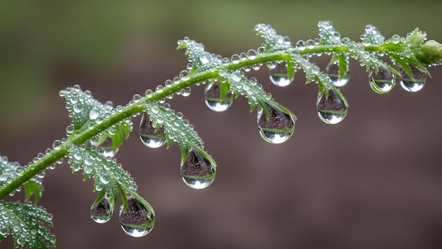 Macro shot of dew drops hanging from a green fern. Purity and freshness. Transparent water droplets reflecting the garden landscape on a thin plant stem after rain