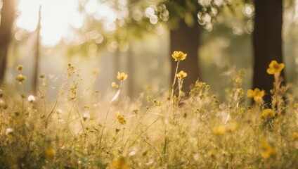 Obraz premium Golden hour light illuminates a field of wildflowers in a serene forest setting.