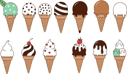 Ice cream cone illustration set with assorted flavors and toppings in cute flat style for summer desserts, menu designs, packaging, and playful food projects
