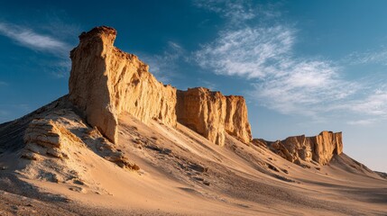 Eroded sandstone formations stand tall against a clear, partly cloudy, blue sky at sunset. Desert landscape features warm light