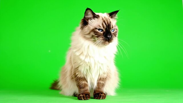 A beautiful Ragdoll cat with distinctive colorpoint markings and blue eyes is calmly sitting with its eyes closed on a bright green screen background, chroma key