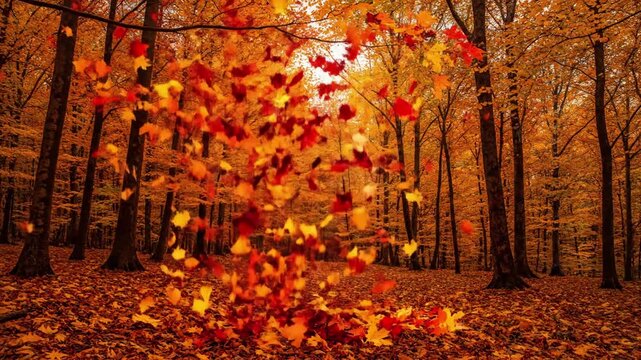 Forest Floor Coverage falling leaves autumn Mid shot of leaves gently settling onto an already covered forest floor, emphasizing