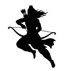 Lord Rama vector silhouette jumping and aiming bow and arrow. Dynamic Hindu god Ram illustration for Happy Dussehra, Vijayadashami, and Diwali religious festival celebration.