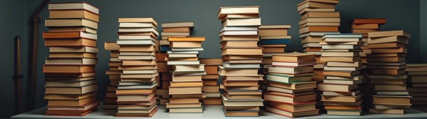 Many books stacked on top of each other on a table