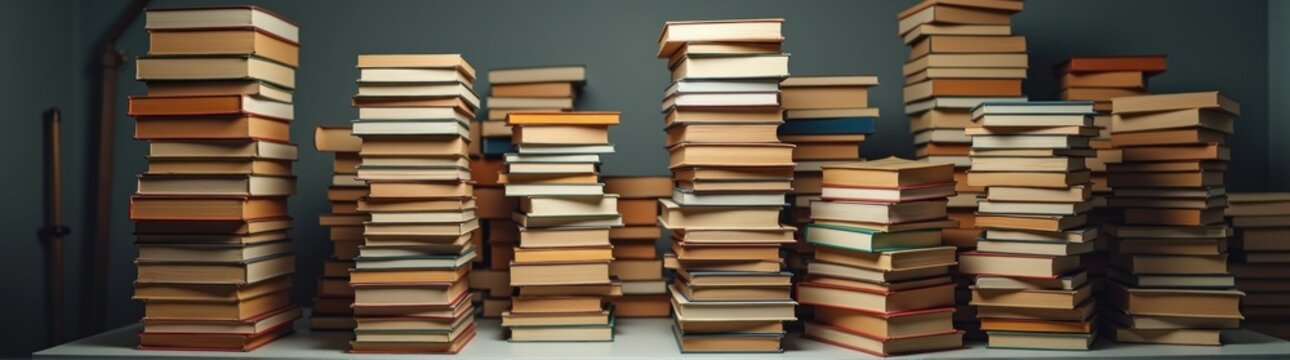 Many books stacked on top of each other on a table