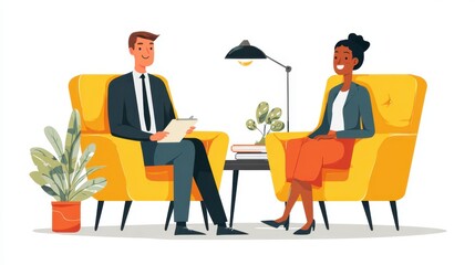 Professional Conversation Between Therapist and Client in Modern Office