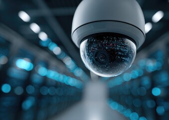 A security camera, up close, with a blurred hallway background, evoking vigilance