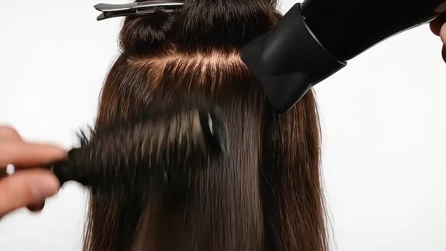 Close-up of a hairstylist using a round brush and hairdryer to style long brown hair, with hair sections clipped on a white background, perfect for beauty tutorials, salon advertisements, and hair 