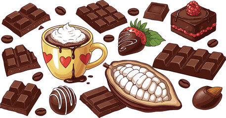Chocolate dessert illustration set with cocoa bars, coffee cup, truffles, strawberries, and cacao pod in rich hand drawn style for sweets, cafes, and food designs