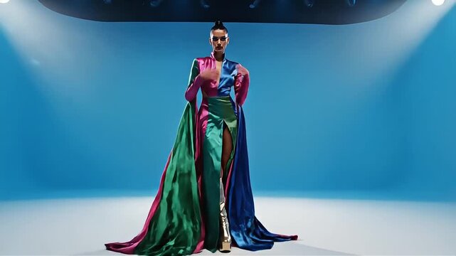 Elegant fashion model posing dramatically in a vibrant multi-colored flowing haute couture dress against a clean blue studio background, perfect for luxury fashion advertising and modern lifestyle 