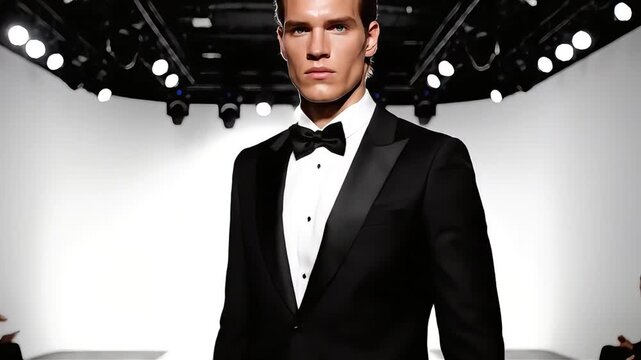 Handsome male model in a sleek black tuxedo and bow tie on a brightly lit fashion runway, confidently posing, perfect for luxury brand advertising, high-end event promotions, and sophisticated fashion