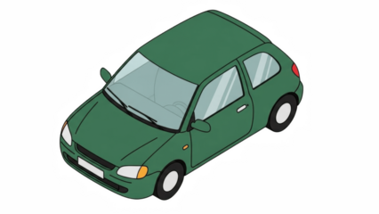 Green compact city hatchback car isometric illustration, simple modern three door urban vehicle with tinted windows, economical eco friendly small auto graphic for commuting, rental and travel design
