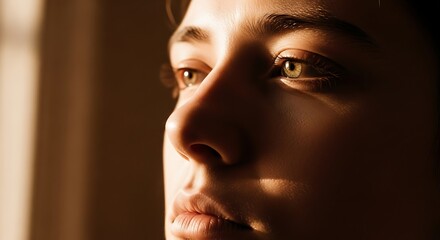 Close-up of a woman's face with sunlight illuminating her features