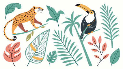 Fototapeta premium Exotic Tropical Jungle Wildlife Vector Illustration Leopard Toucan and Palm Leaves for Summer Web Design and Packaging Design