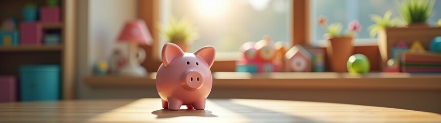 Pink piggy bank sitting on a table in front of a window