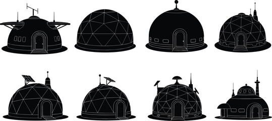Futuristic dome icons, extraterrestrial habitat silhouettes, black outline structures, antenna symbol, solar panel branding, geodesic concept, space badge, sci-fi shelters © MdGolam