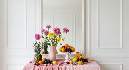 Colorful Fruit and Flower Arrangement on Elegant Table