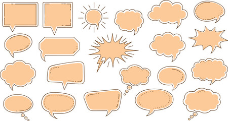 Hand drawn speech bubble and comic dialog cloud set in retro doodle style for conversation, messaging, storytelling, and creative design projects