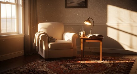 Cozy reading nook with sunlight, armchair, lamp, and open book in warm living room