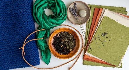 Cozy Flat Lay of Knitted Blanket, Scarves, and Natural Decor