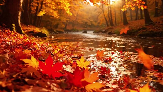 Reflective Autumn Tapestry maple leaves Close up of vibrant maple leaves floating gently on the surface of a clear, still forest