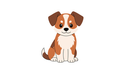 Obraz premium Cute brown and white puppy sitting calmly and looking forward with a friendly expression on a plain white background.