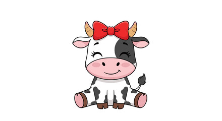 Fototapeta premium Adorable black and white cow character with a large red bow on its head sitting down with a sweet and happy face.