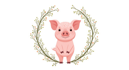 Sweet pink piglet smiling happily within a circular wreath of delicate branches and tiny blossoms on a plain white background.
