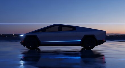 Futuristic Electric Car on a Wet Surface at Sunset
