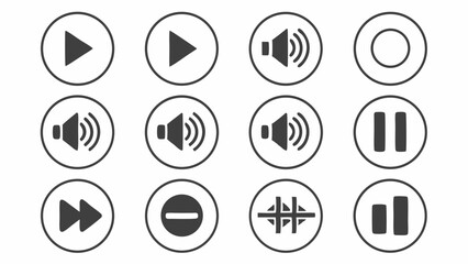Modern Minimalist Media Player Control Icons Set UI UX Design Elements Play Pause Stop Volume Mute Buttons for Web and App Interface