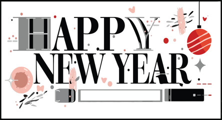 Black Happy New Year card with bold new sale text illustration