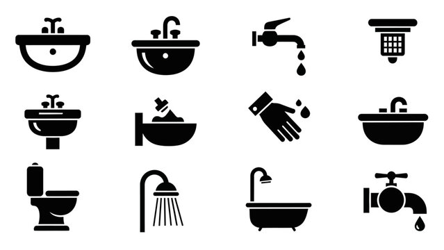 Black icons of bathroom plumbing fixtures.