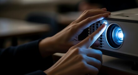 Person Adjusting a Projector in a Dimly Lit Room