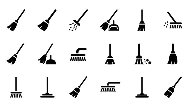 Broom and dustpan cleaning tools icons.