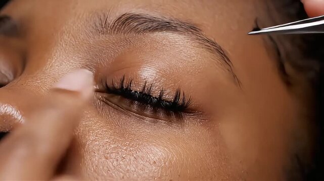 Close-up of an aesthetician's hands applying individual false eyelashes to a client's eye with precision tweezers, showcasing a beauty treatment for cosmetic enhancement.