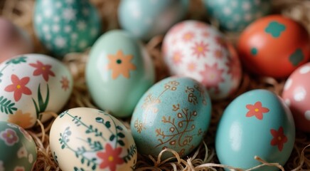 Fototapeta premium Bunch of painted eggs in a basket