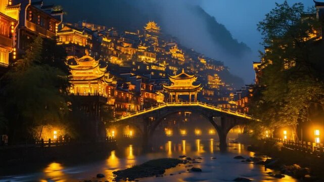 A serene nighttime scene of a traditional chinese town with a bridge and river