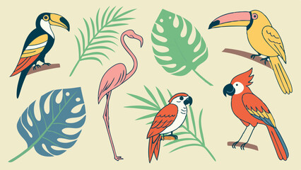Fototapeta premium Summer Tropical Birds and Leaves Set Toucan Flamingo Parrot Retro Style Illustration for Travel Design