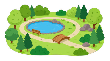 Obraz premium Colorful Park Illustration with Pond and Bridge
