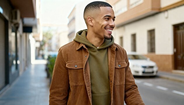 Happy young man walking down a city street. Smiling mixed race male wearing a brown corduroy jacket and green hoodie. Urban autumn fashion lifestyle