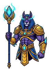 Obraz premium A powerful anthropomorphic lion god adorned in ornate golden and blue armor, holding a glowing staff.
